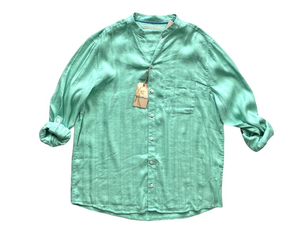 Caribbean Green Linen & Rayon Tonal Stripe Long Sleeve Mandarin Collar Shirt L